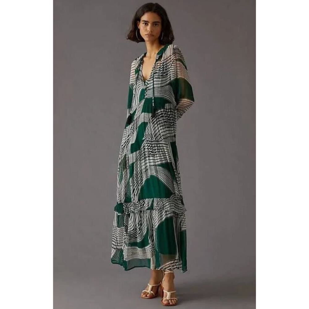 Anthropologie XS Marais Geometric Printed Sheer Chiffon Maxi Dress Boho Green - Picture 12 of 13